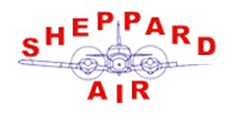Sheppard Air logo — red lettering over a twin-engine aircraft outline